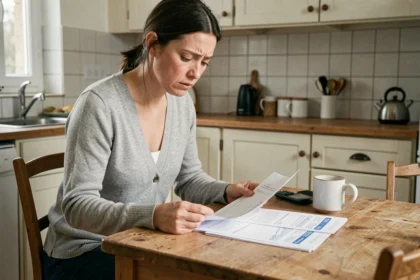 Femme consultant ses fiches de paie et documents de prime d'activité à la table de sa cuisine