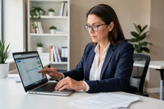 Femme professionnelle consultant l'interface Filibanque CIC Pro sur un ordinateur portable dans un bureau moderne