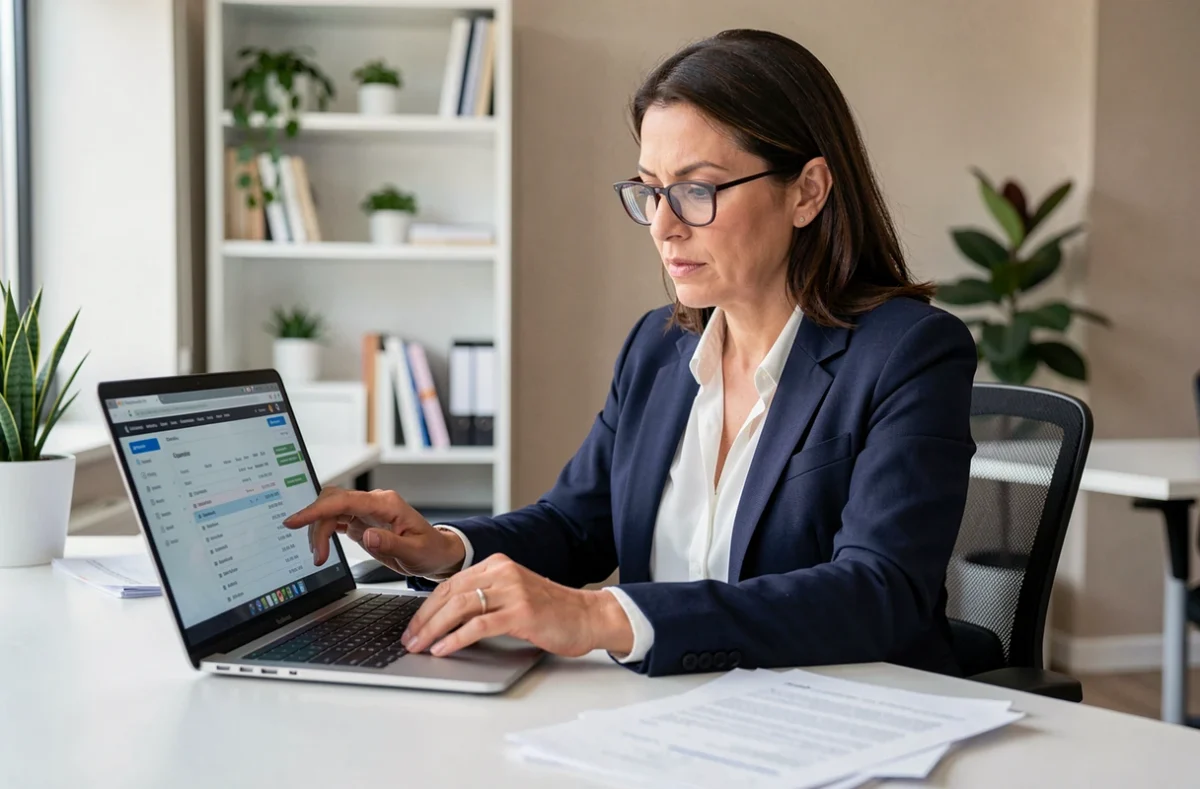 Femme professionnelle consultant l'interface Filibanque CIC Pro sur un ordinateur portable dans un bureau moderne