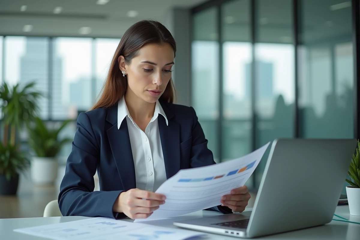 Femme professionnelle analysant des documents financiers dans un bureau moderne pour planifier un projet sans dépasser son budget