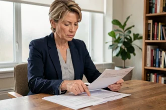 Femme consultant un contrat d'assurance vie à son bureau à domicile pour estimer la valeur de rachat