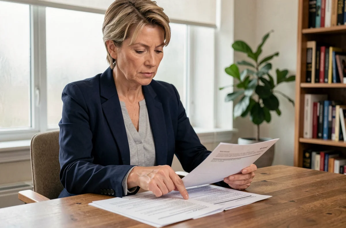 Femme consultant un contrat d'assurance vie à son bureau à domicile pour estimer la valeur de rachat