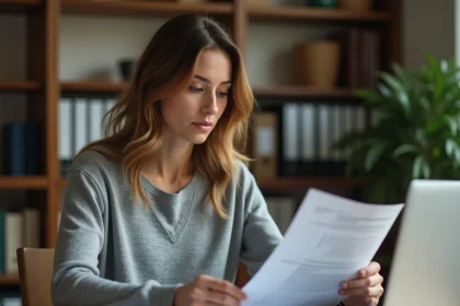 Femme en reconversion professionnelle consultant des documents administratifs sur le chômage à son bureau à domicile