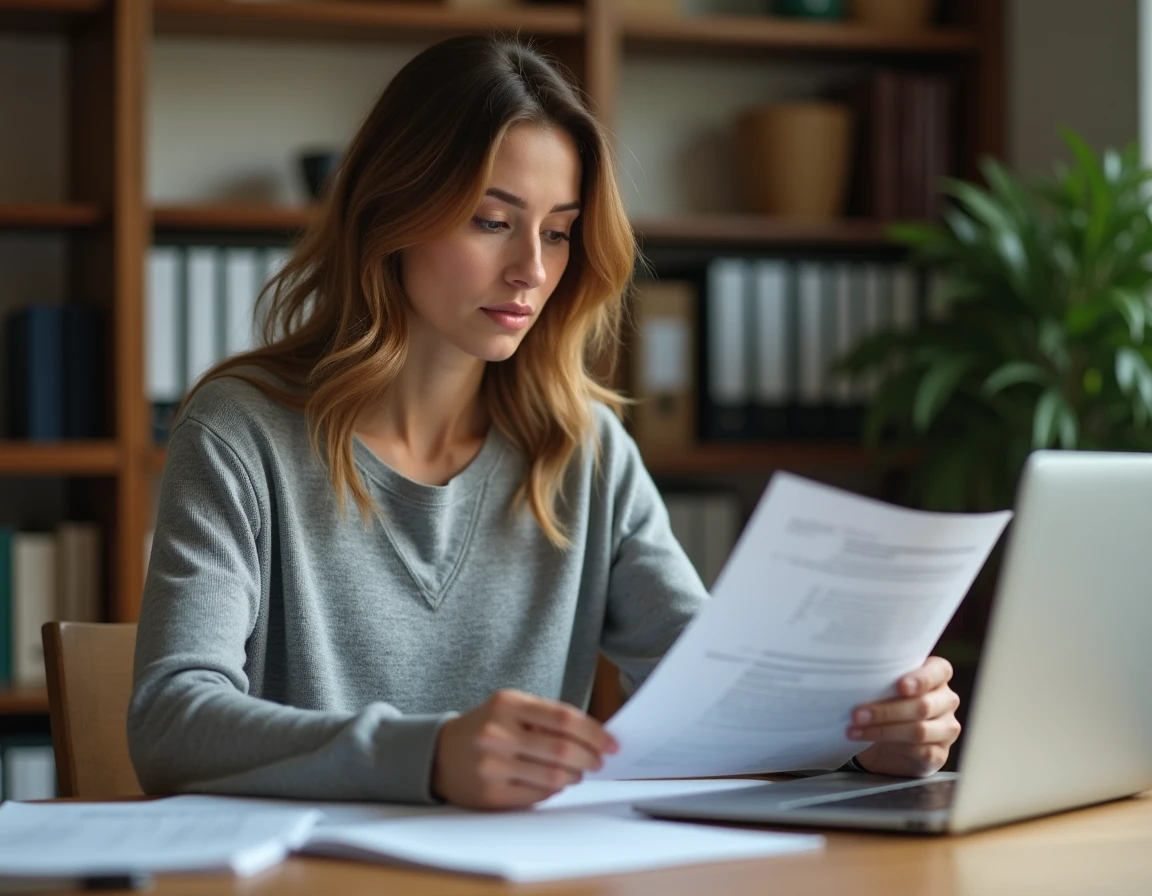 Femme en reconversion professionnelle consultant des documents administratifs sur le chômage à son bureau à domicile