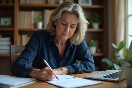 Femme rédigeant un chèque entre particuliers à son bureau à domicile en vérifiant le montant maximum autorisé