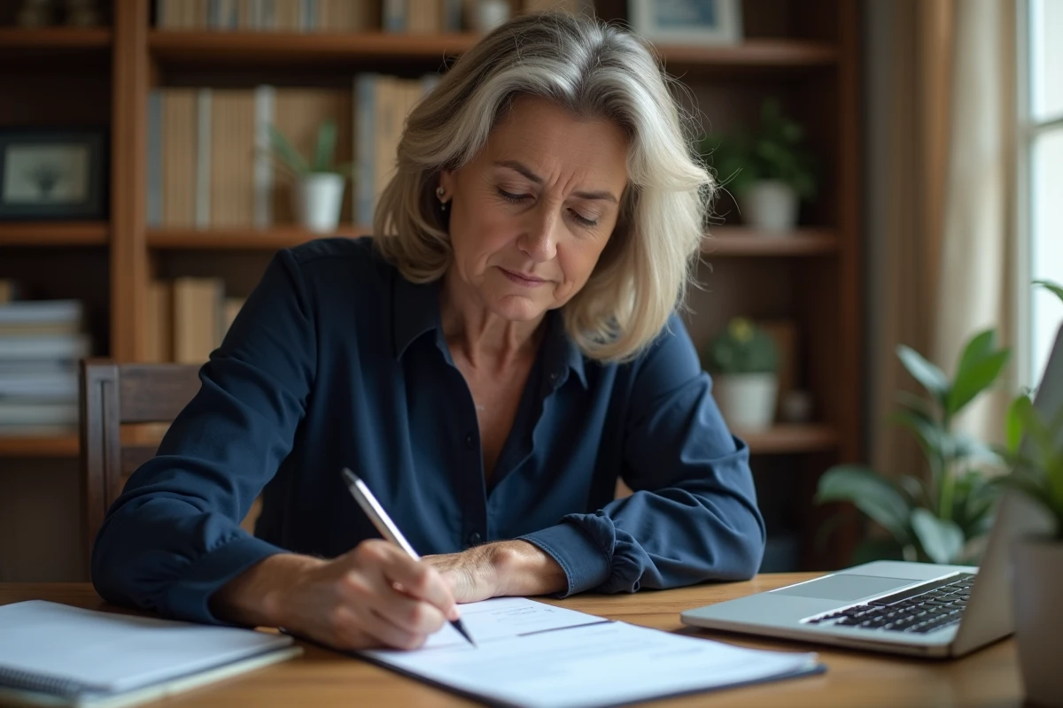 Femme rédigeant un chèque entre particuliers à son bureau à domicile en vérifiant le montant maximum autorisé