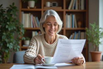 Femme retraitée souriante lisant documents chez elle