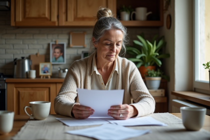 Femme française de 55 ans lisant des documents de pension dans sa cuisine