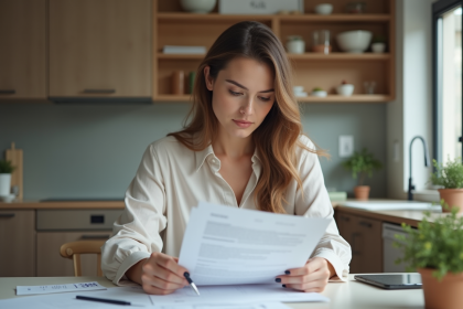 Femme en train de revoir des documents d'assurance à la maison