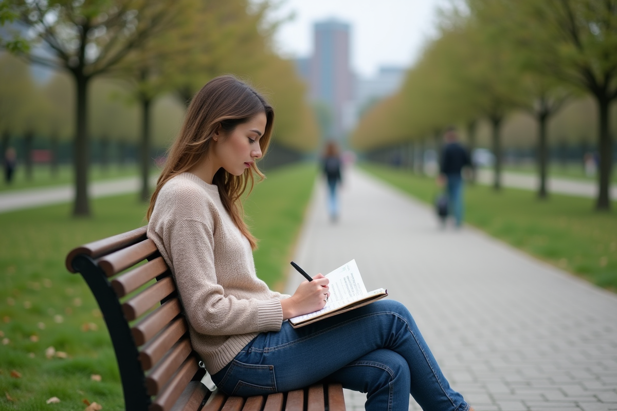 Jeune femme lisant des brochures dans un parc
