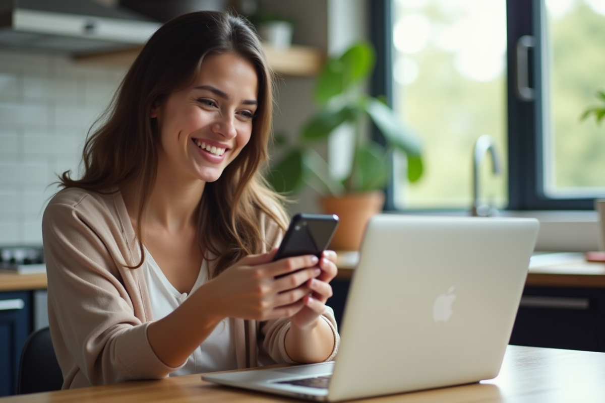 Jeune femme souriante recevant une notification cashback