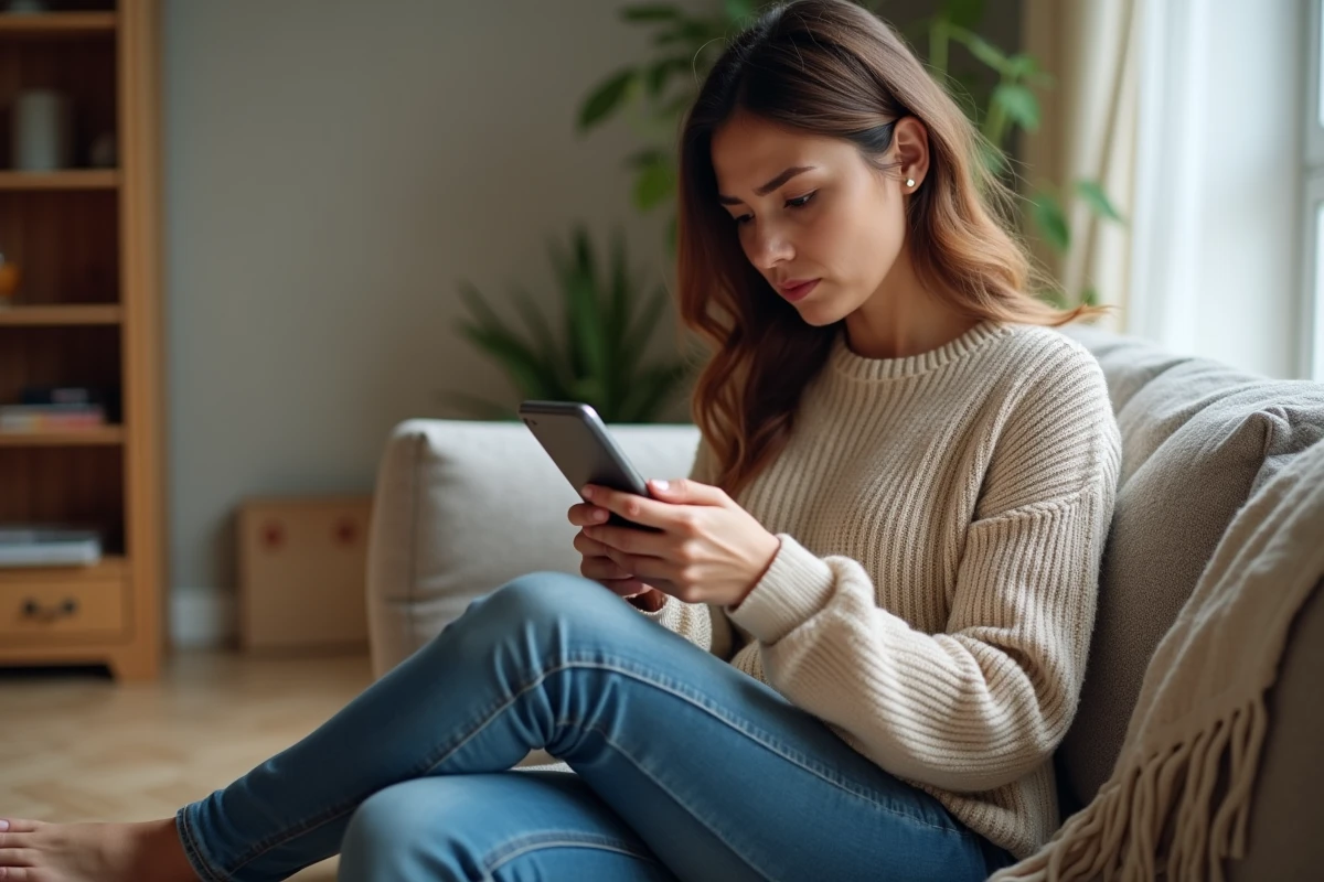 Jeune femme à domicile consultant son application bancaire sur smartphone en cas de retard de versement Pôle emploi