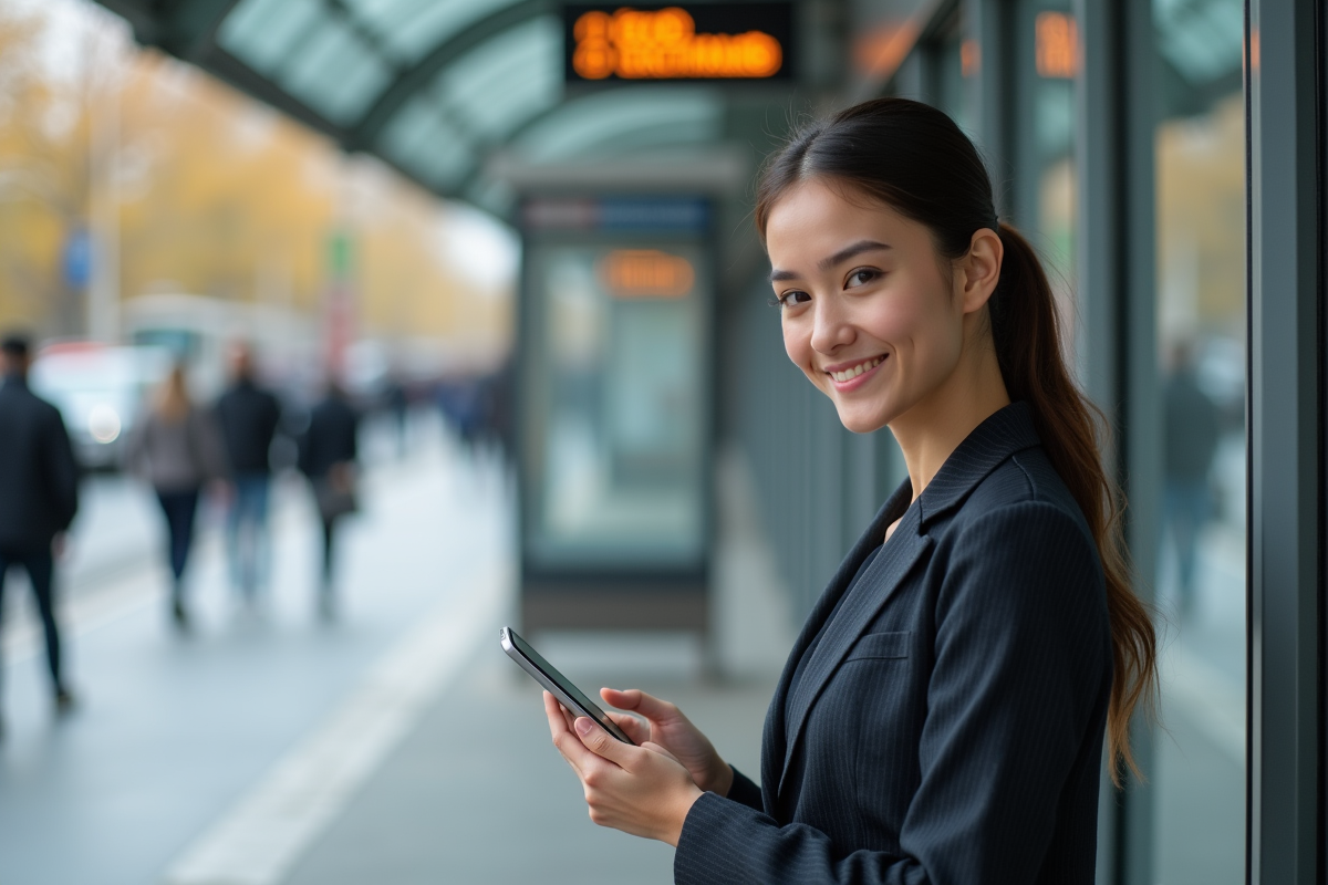 Jeune femme en costume regardant son smartphone près d