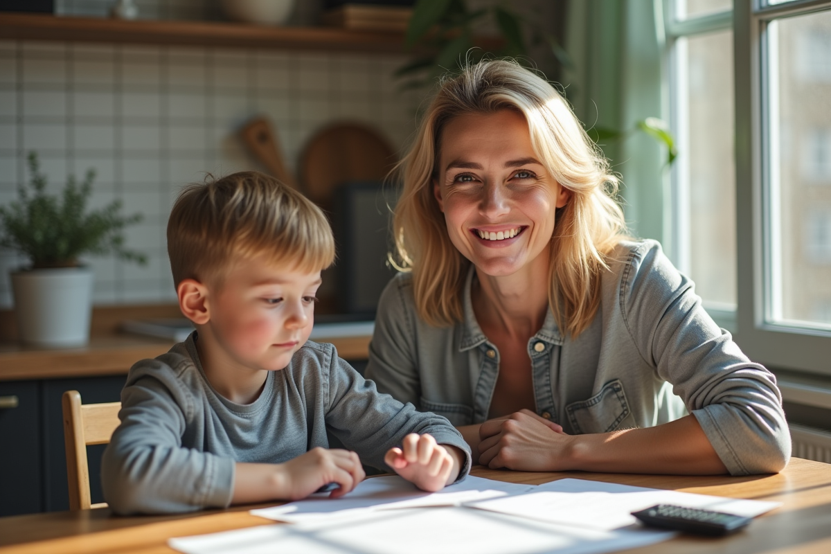 Femme souriante avec son fils à la cuisine