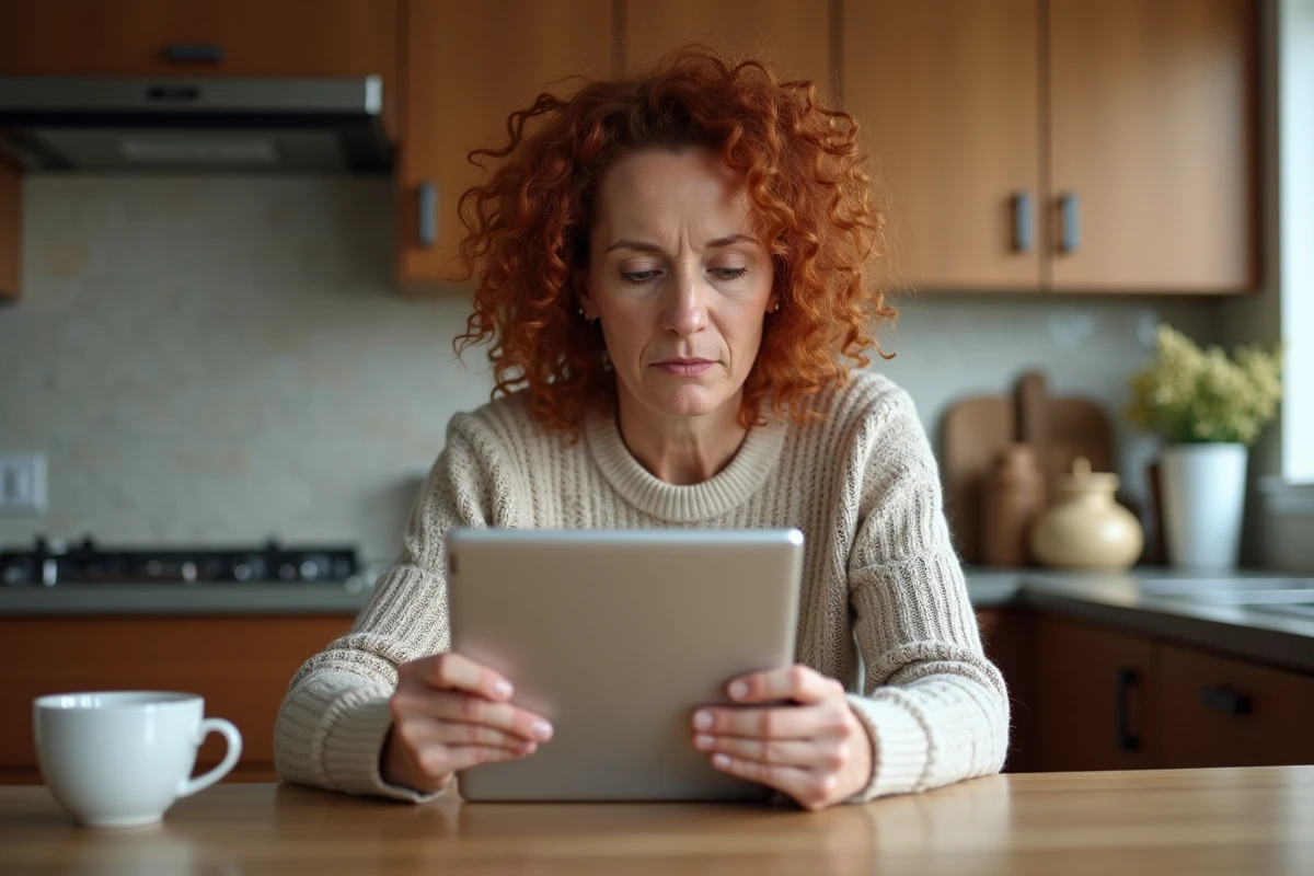Femme utilisant une tablette à domicile pour calculer son cumul emploi-chômage et vérifier ses droits aux versements Pôle emploi