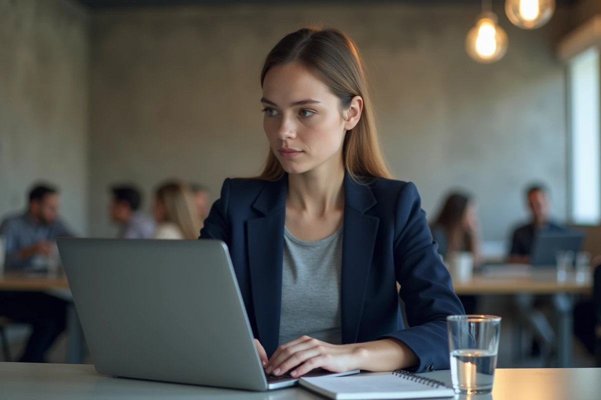 Jeune femme trader analysant une plateforme de trading sur ordinateur portable dans un espace de coworking, symbolisant l'accès aux prop firms et la gestion des retraits sans délai