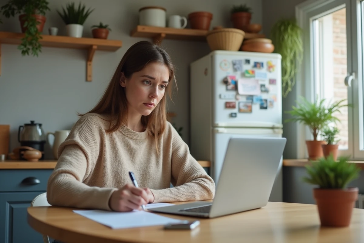 Femme pr&eacute;occup&eacute;e travaille sur son ordinateur &agrave; la maison