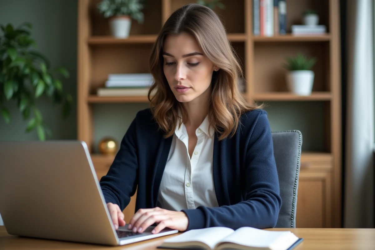 Jeune femme au bureau à domicile travaillant sur son ordinateur