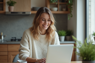Femme travaillant sur son ordinateur dans une cuisine moderne
