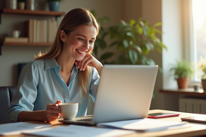 Femme professionnelle travaillant à domicile souriante avec tasse de thé