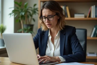 Femme lisant attentivement un email sur son ordinateur portable dans un bureau à domicile, illustrant la vigilance face aux arnaques par mail