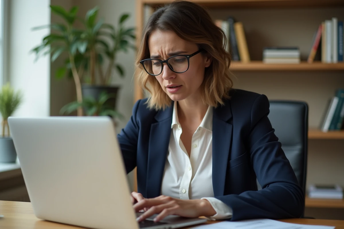 Femme lisant attentivement un email sur son ordinateur portable dans un bureau à domicile, illustrant la vigilance face aux arnaques par mail
