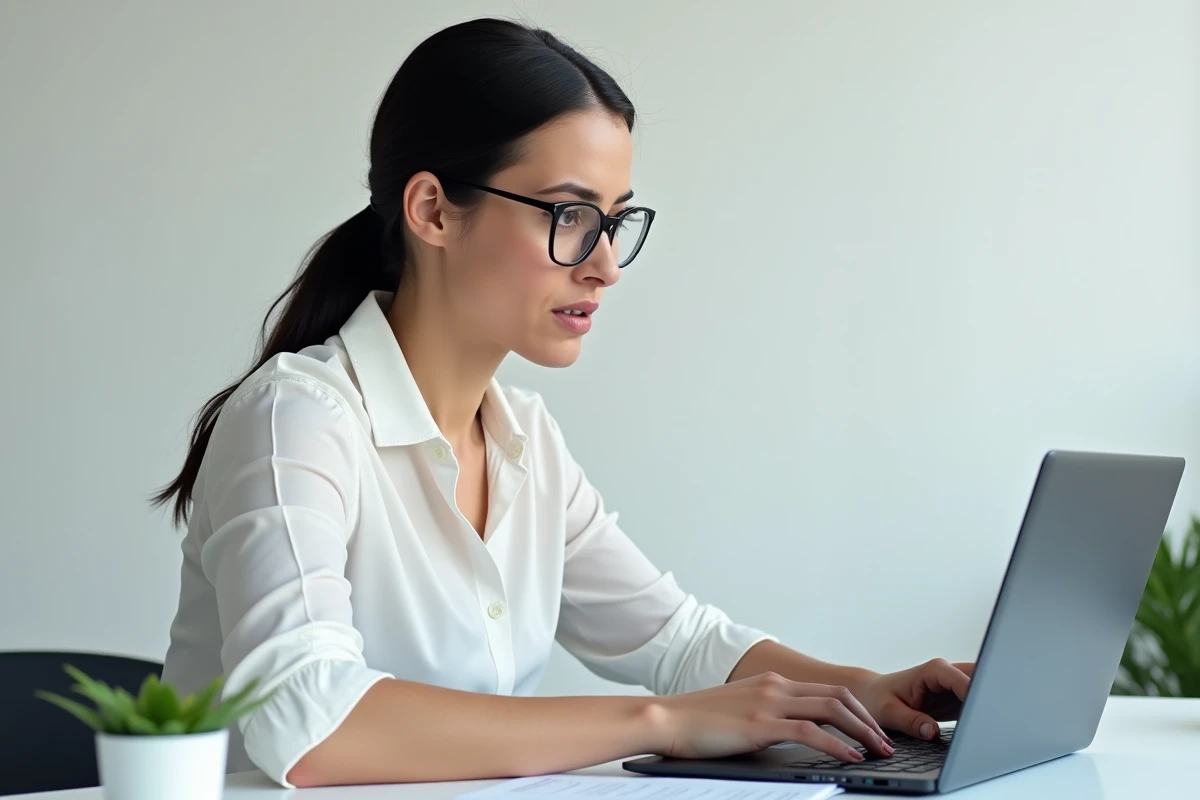 Une femme vérifiant l'immatriculation RCS d'une banque en ligne sur ordinateur portable