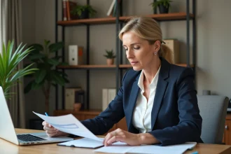 Femme consultant des documents bancaires avant un virement important depuis son bureau à domicile