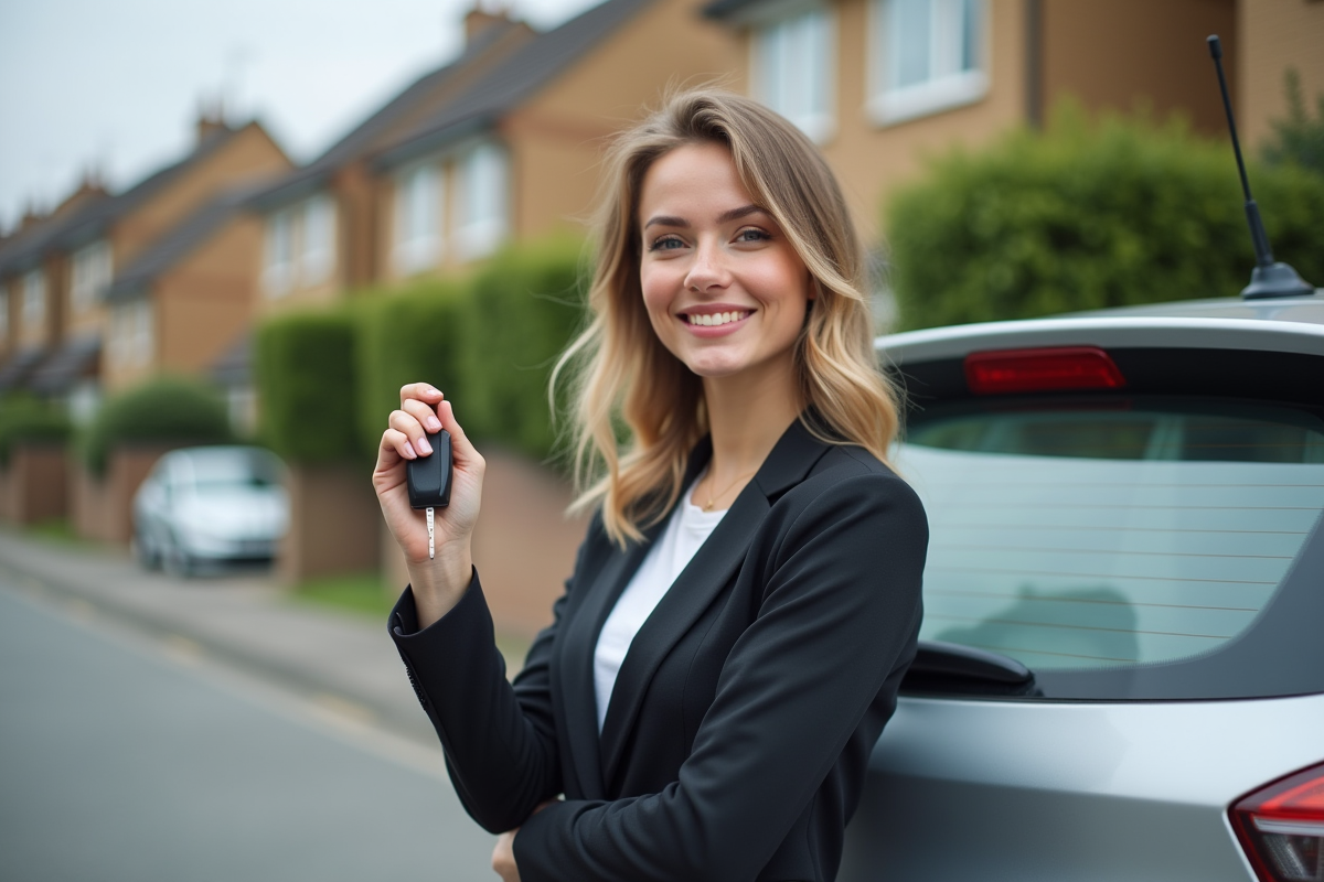 Femme souriante avec clés de voiture devant sa voiture
