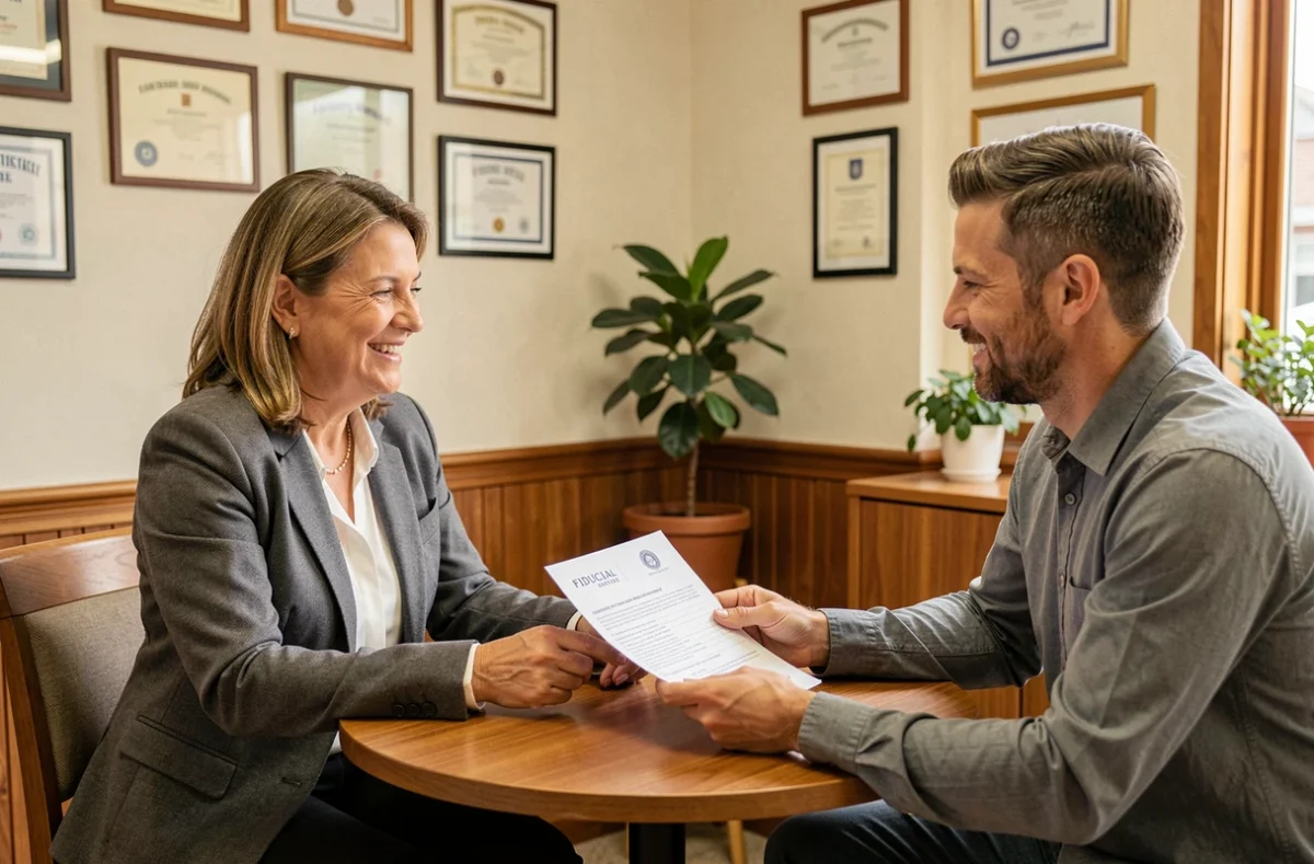 Comptable de Fiducial Expertise conseillant un propriétaire de TPE dans un bureau accueillant