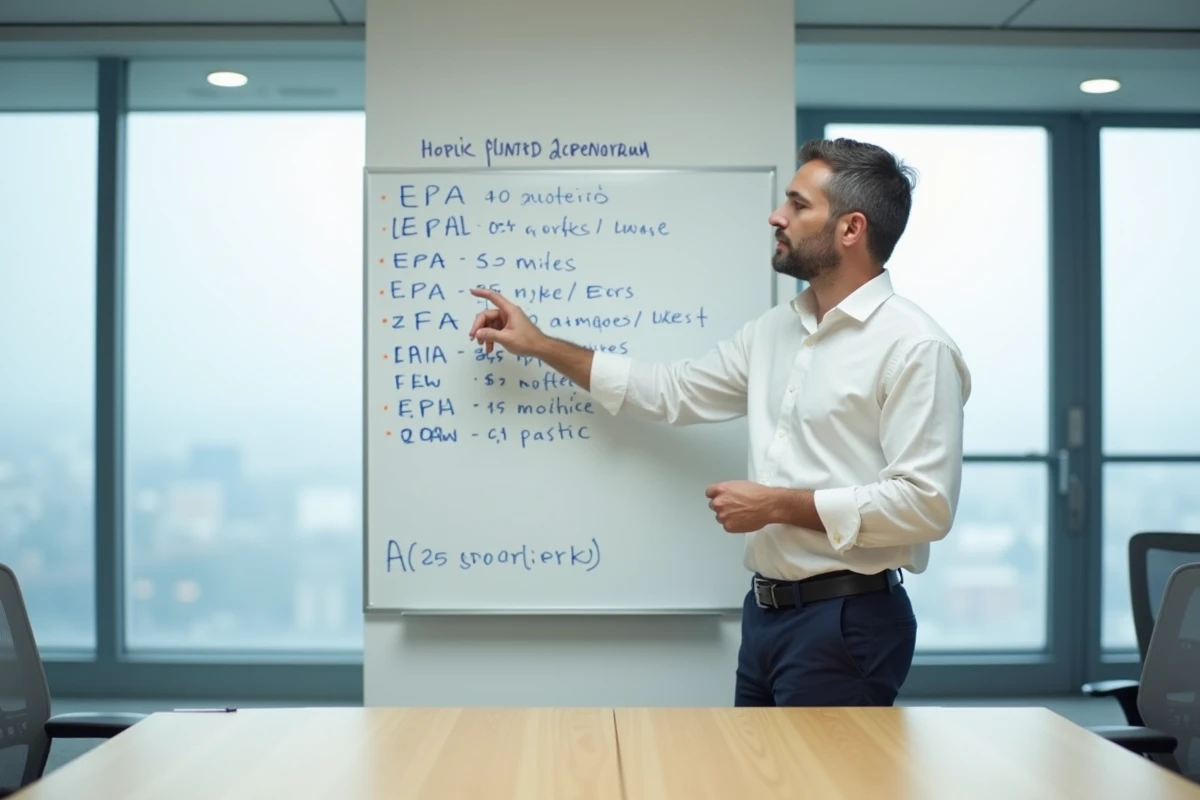 Formateur expliquant les codes mnémoniques boursiers EPA sur un tableau blanc lors d'une séance de formation financière