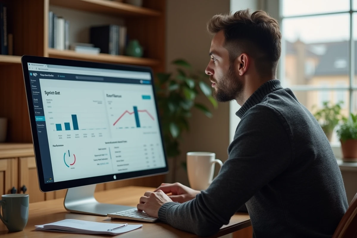 Particulier gérant son patrimoine quotidien via son espace BNP Banque Privée depuis son bureau à domicile