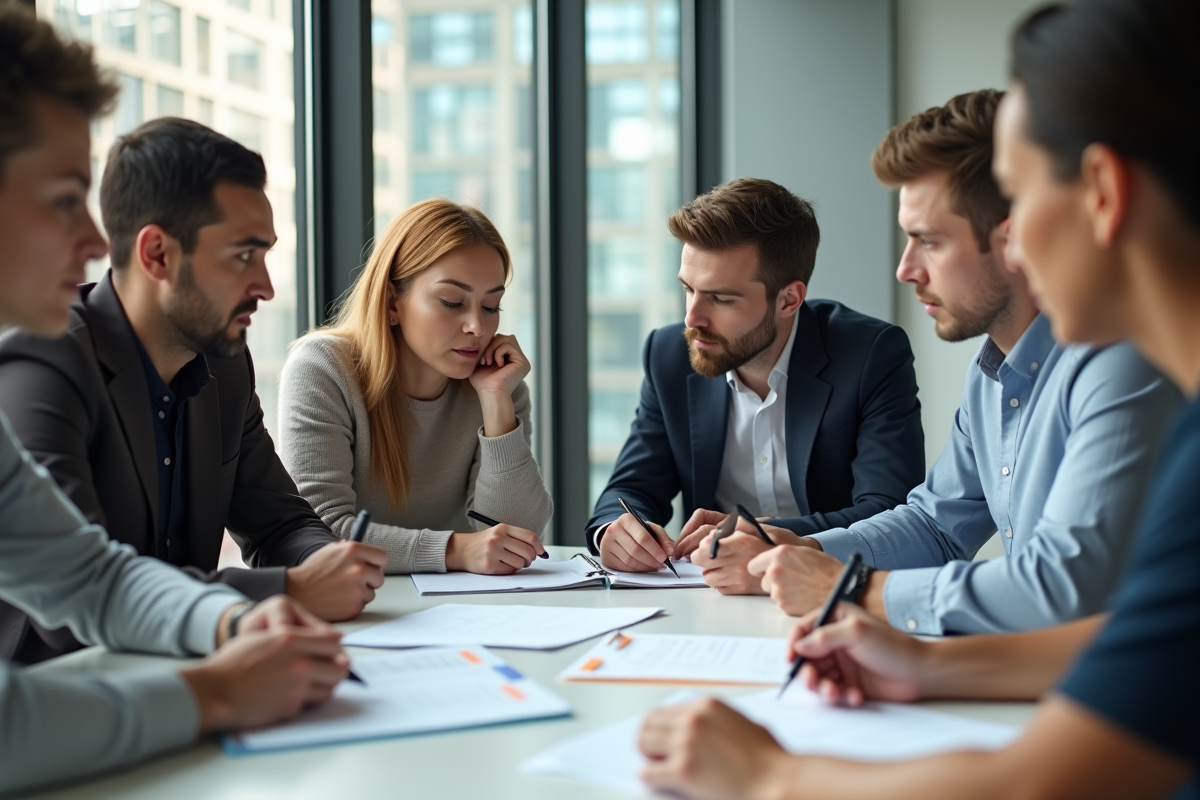 Groupe d'adultes discutant de documents au bureau