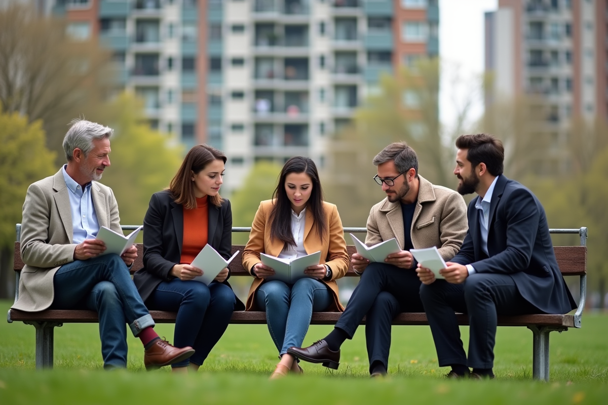 Groupe divers discutant de brochures financières en plein air