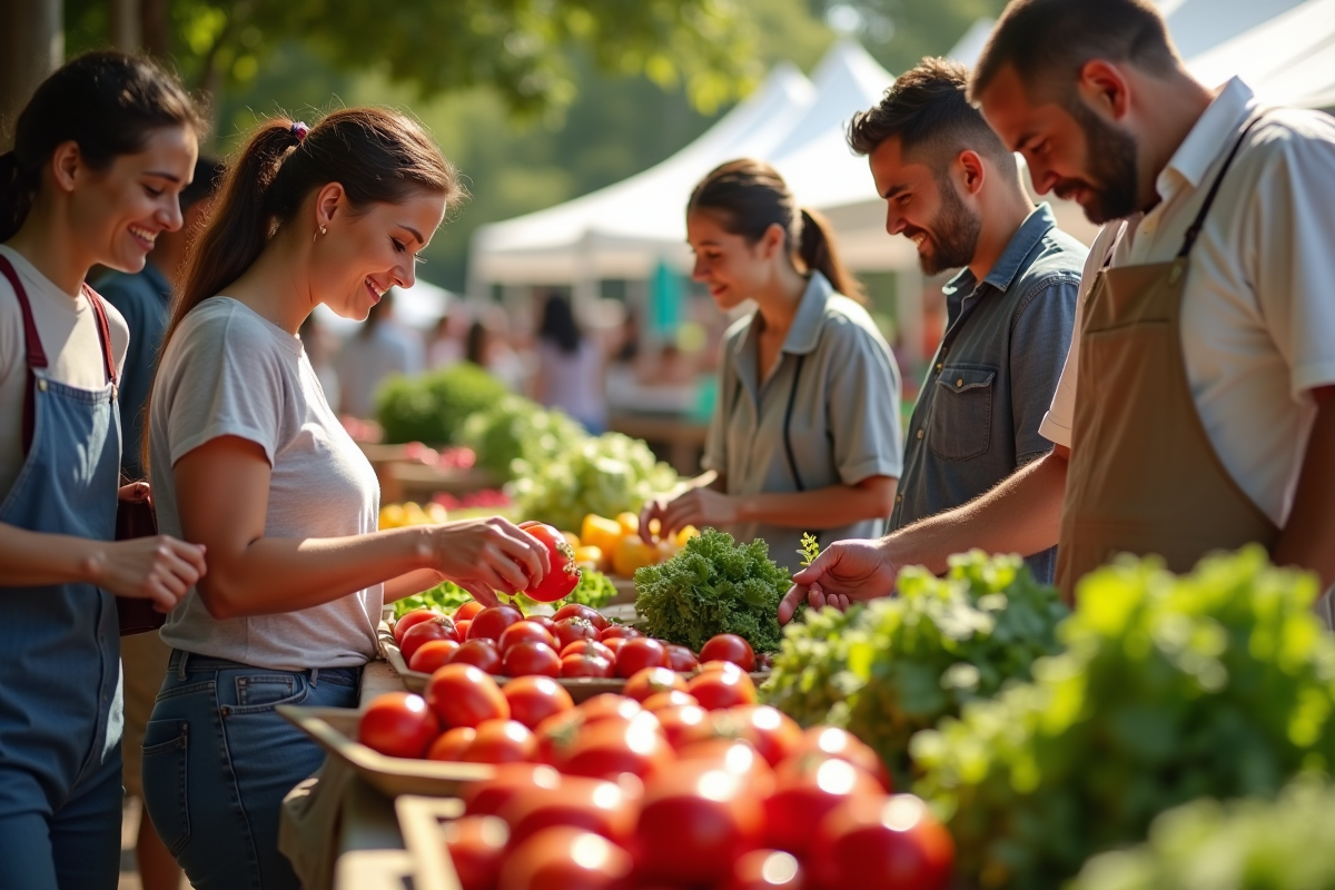 Groupe de personnes comparant les prix de fruits frais au marché