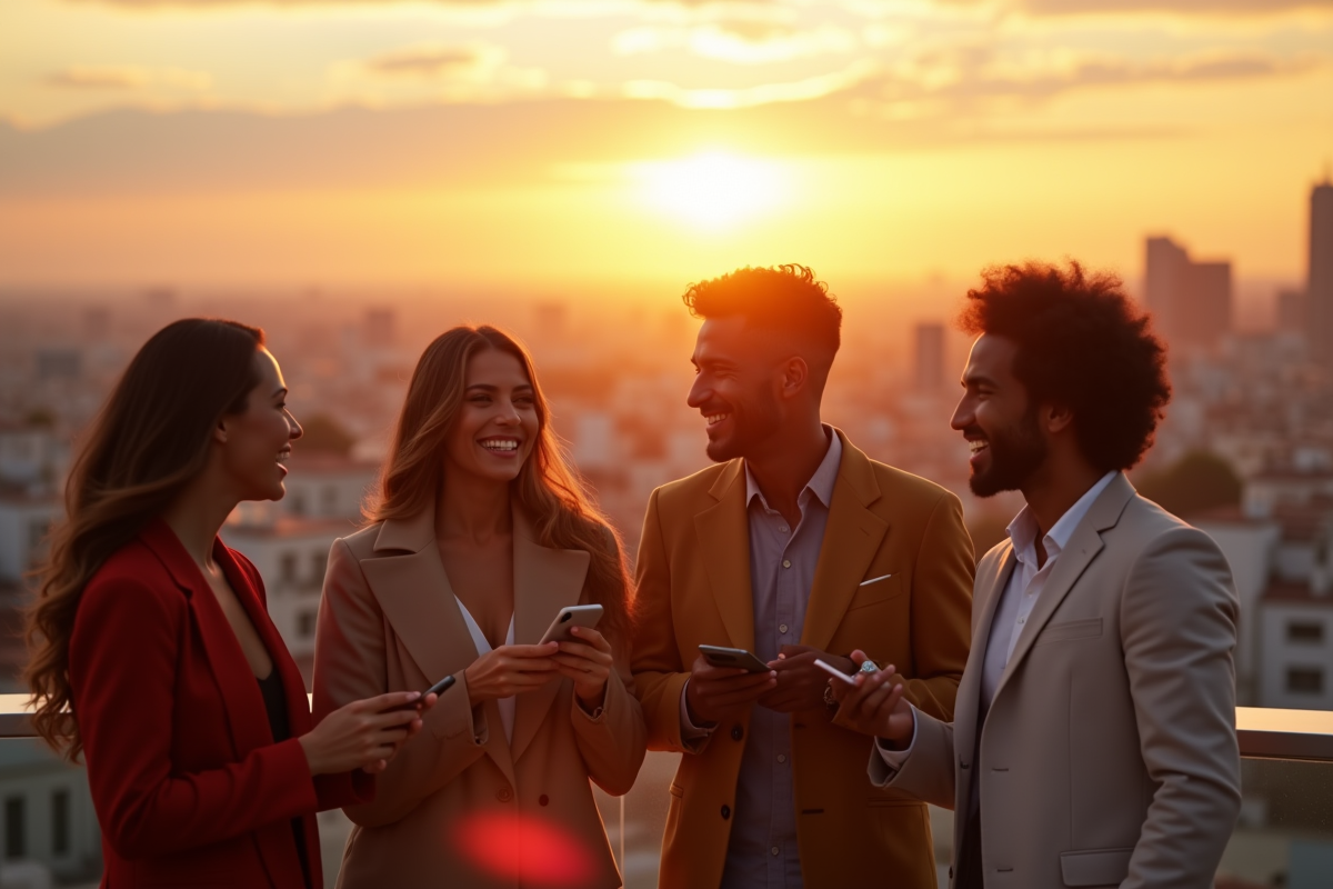 Groupe d influenceurs sur un rooftop avec vue sur la ville au coucher du soleil