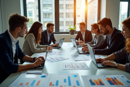 Groupe de jeunes professionnels analysant des graphiques financiers