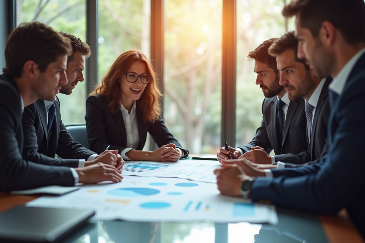 Groupe de professionnels en réunion autour d'un rapport financier
