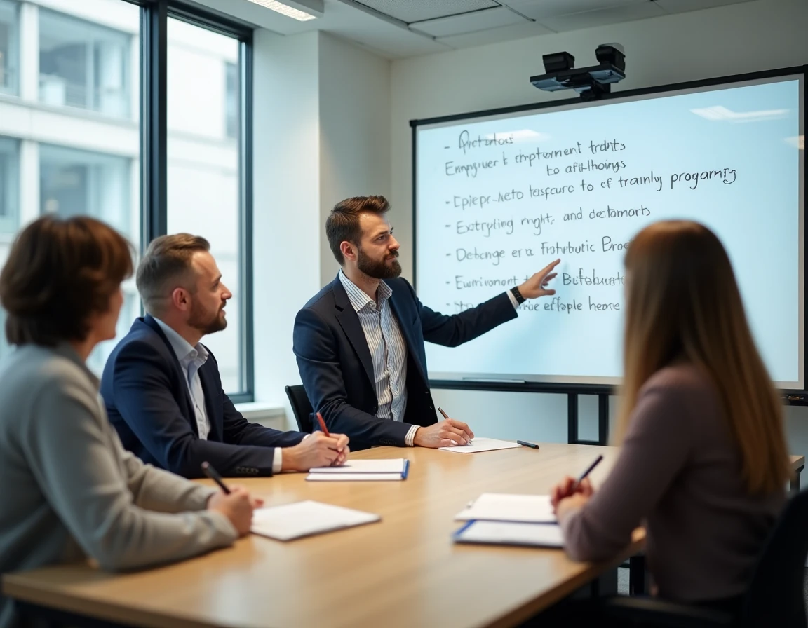 Groupe d'adultes en reconversion professionnelle lors d'un atelier sur les droits au chômage dans un centre de formation