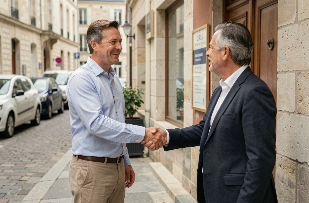 Comptable de GT Expertise accueillant un client local devant son bureau de proximité à Orléans