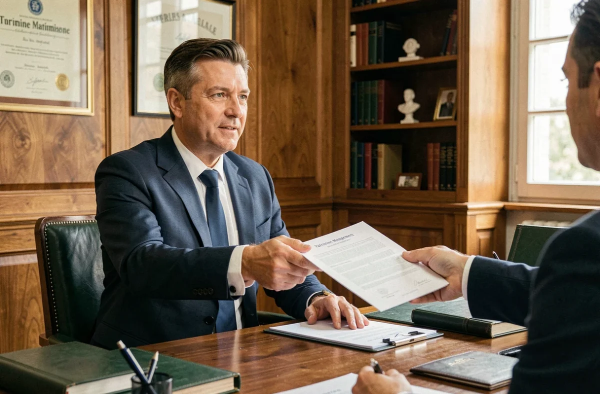 Conseiller de Hagnéré Patrimoine finalisant un accord de gestion avec un client dans un bureau classique et soigné