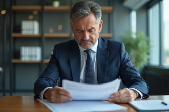 Homme d'affaires en costume examinant des documents d'assurance