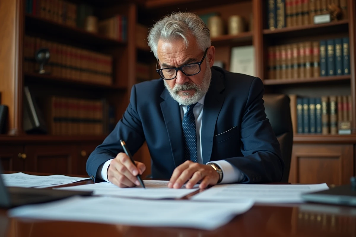 Un homme d'affaires examinant attentivement des mentions légales et documents bancaires sur un bureau en chêne