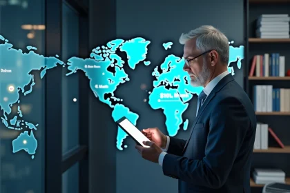 Homme d'affaires examinant une carte &eacute;conomique mondiale