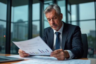 Homme d'affaires examine un rapport financier au bureau