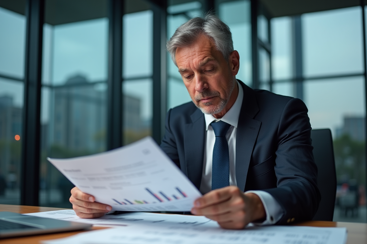 Homme d'affaires examine un rapport financier au bureau