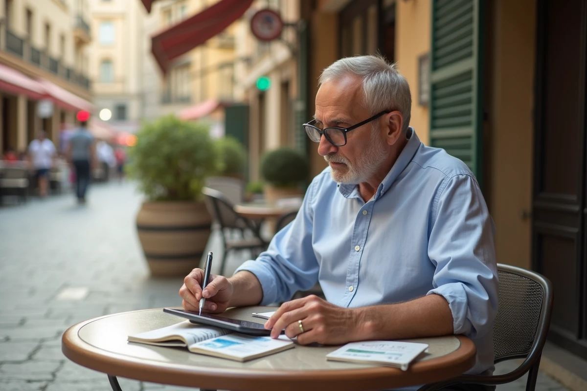 Homme alg&eacute;rien notant des valeurs de devises en ext&eacute;rieur