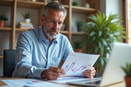 Homme d'&acirc;ge moyen analysant un graphique financier dans un bureau