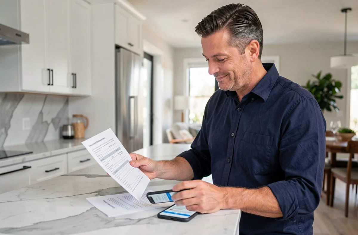 Homme d'affaires analysant ses contrats d'assurance et comparant les offres sur smartphone dans une cuisine moderne