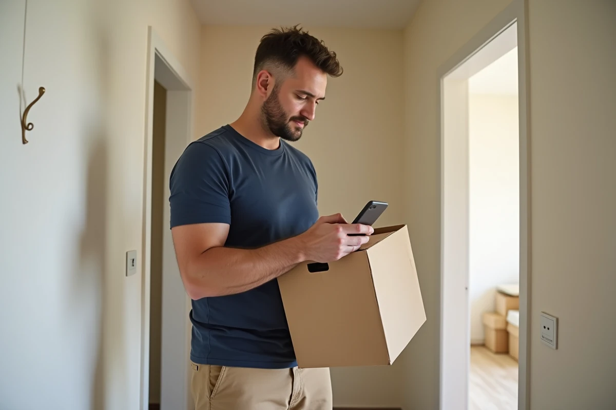 Homme consultant une application d'aide au logement sur smartphone en tenant un carton lors de son emménagement